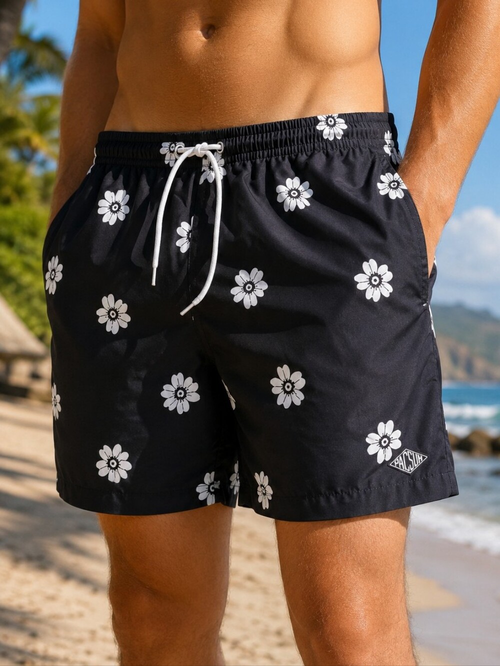 PacSun Daisy Floral Swim Trunks Men's Medium Black White Beach Board Shorts